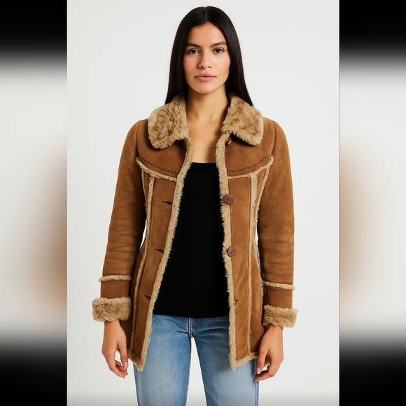 Miss Sixty Jackets & Blazers - Miss Sixty Womens Suede Vintage 70s Penny Lane Bohemian Faux Fur Trim Coat XS